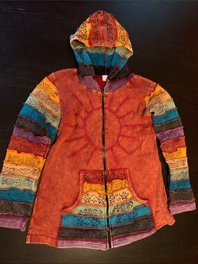 Bohemian Patchwork Hooded Sweatshirt Embroidered Rainbow 100% Cotton Hippie